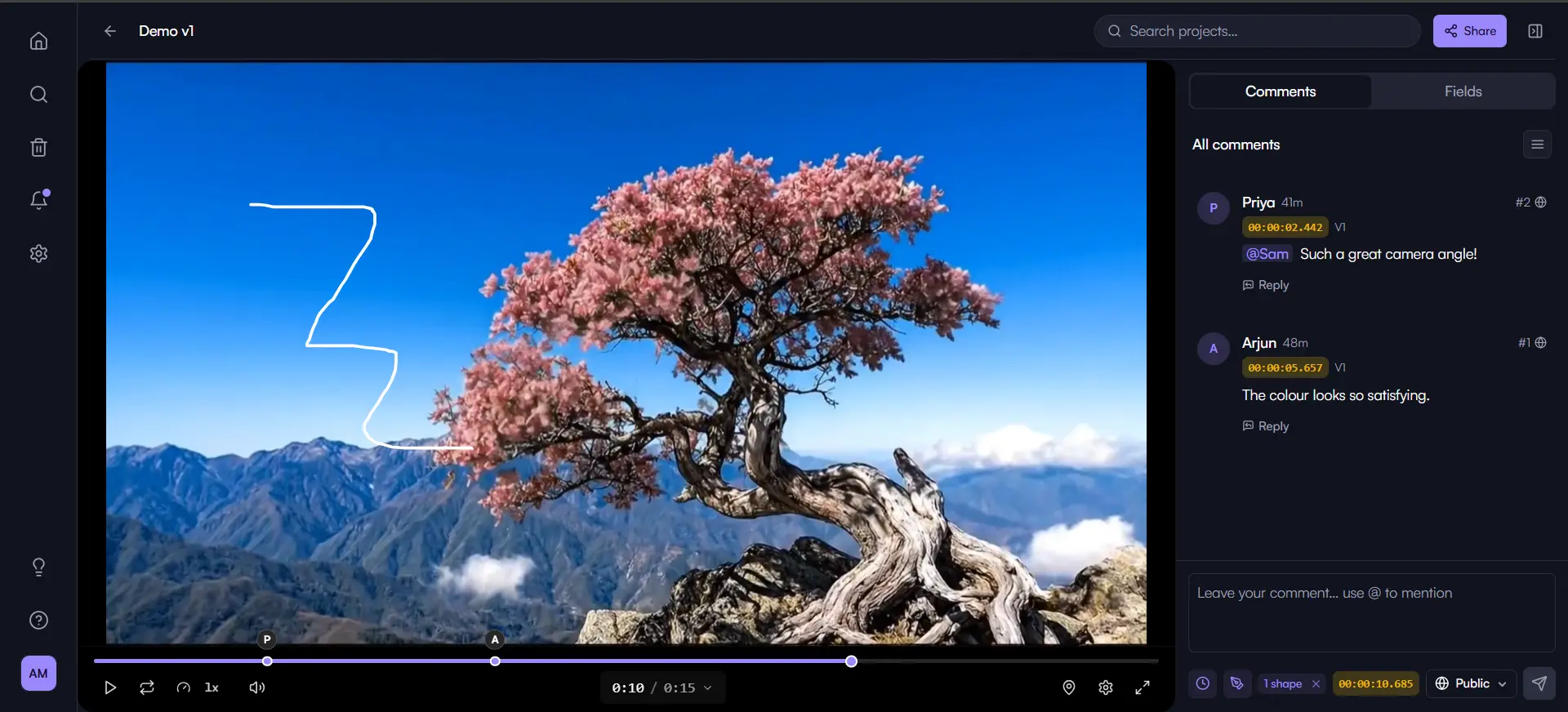 Editlock review page: a video with a frame-exact drawing and clients' timestamped comments in the sidebar